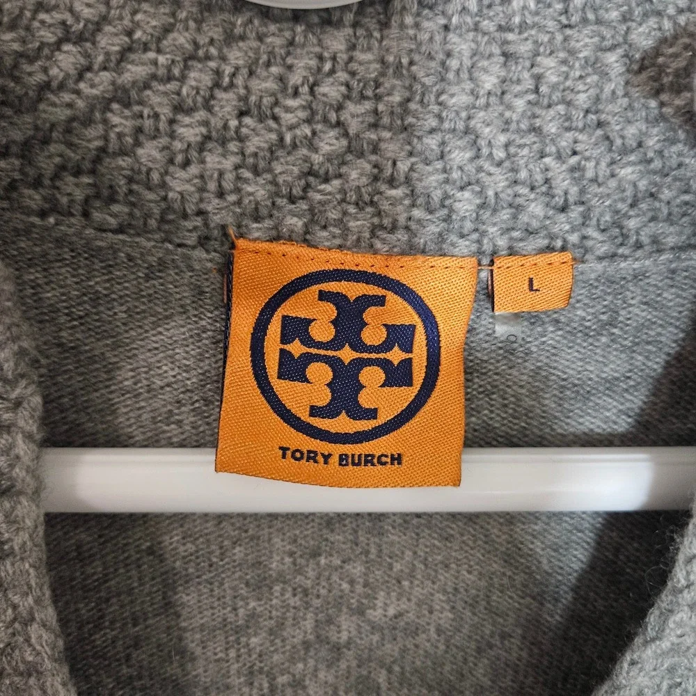 Tory Burch Womens Gray 100% Cashmere Split V-Neck Tunic Sweater Size L